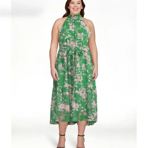 Scoop for Walmart Floral Green Midi Halter Dress - Picture 2 of 5